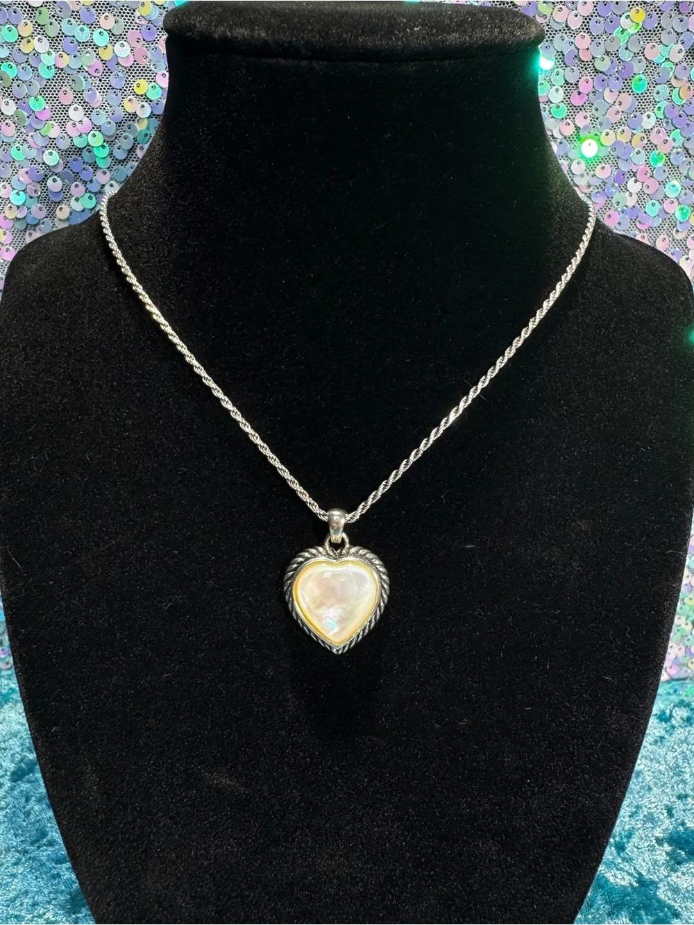 Mother of Pearl Heart Rope Pendant Sterling Silver Necklace